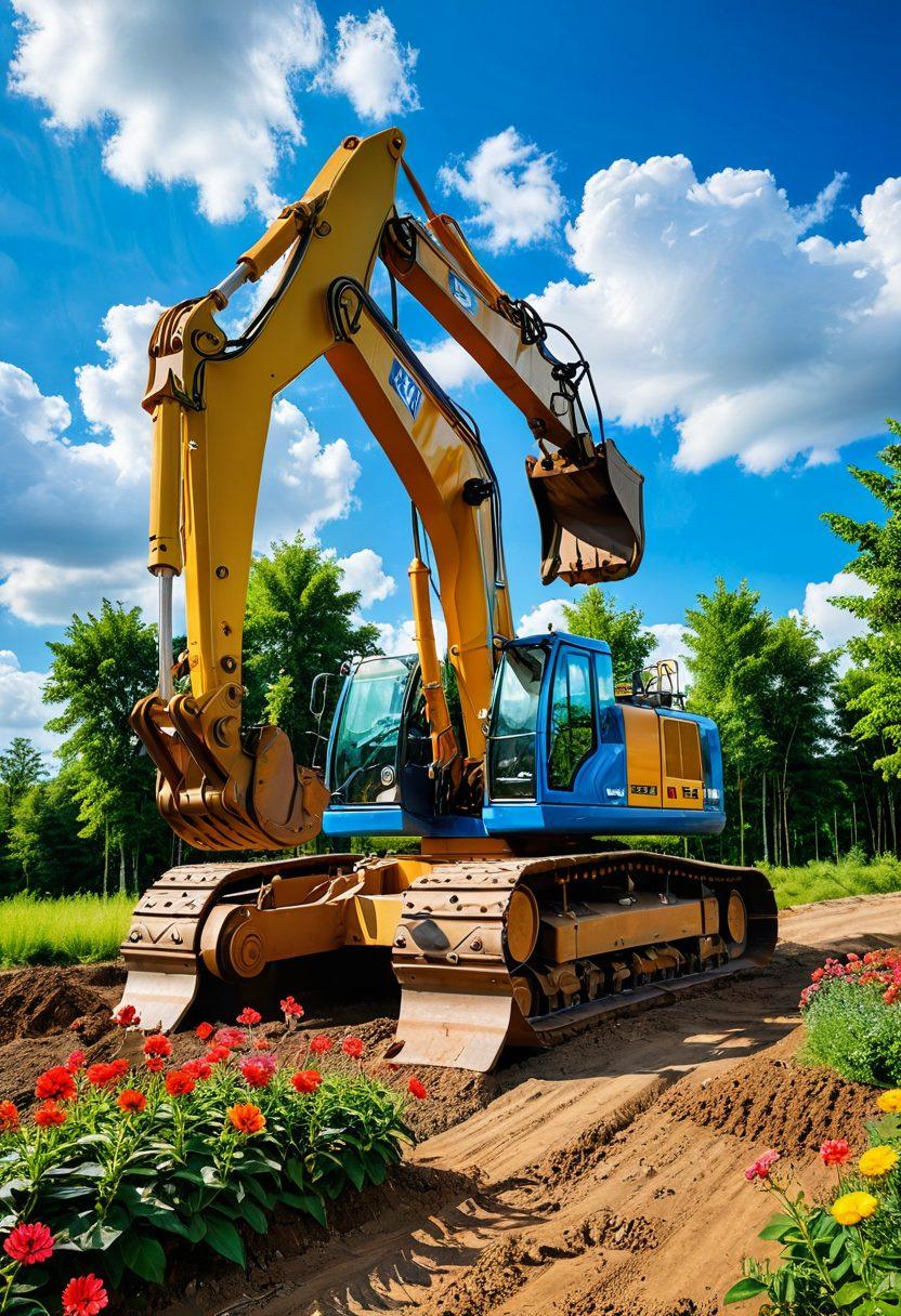 A visually stunning construction site showcasing heavy machinery with sleek, modern designs intertwined with nature, such as colorful flowers and greenery around the equipment. The image features a gleaming excavator with artistic curves and innovative shapes, emphasizing the beauty of engineering. Sunlight breaking through clouds highlights the harmony between functionality and aesthetics, inspiring a sense of balance. super-realistic. vibrant colors. bright blue sky.