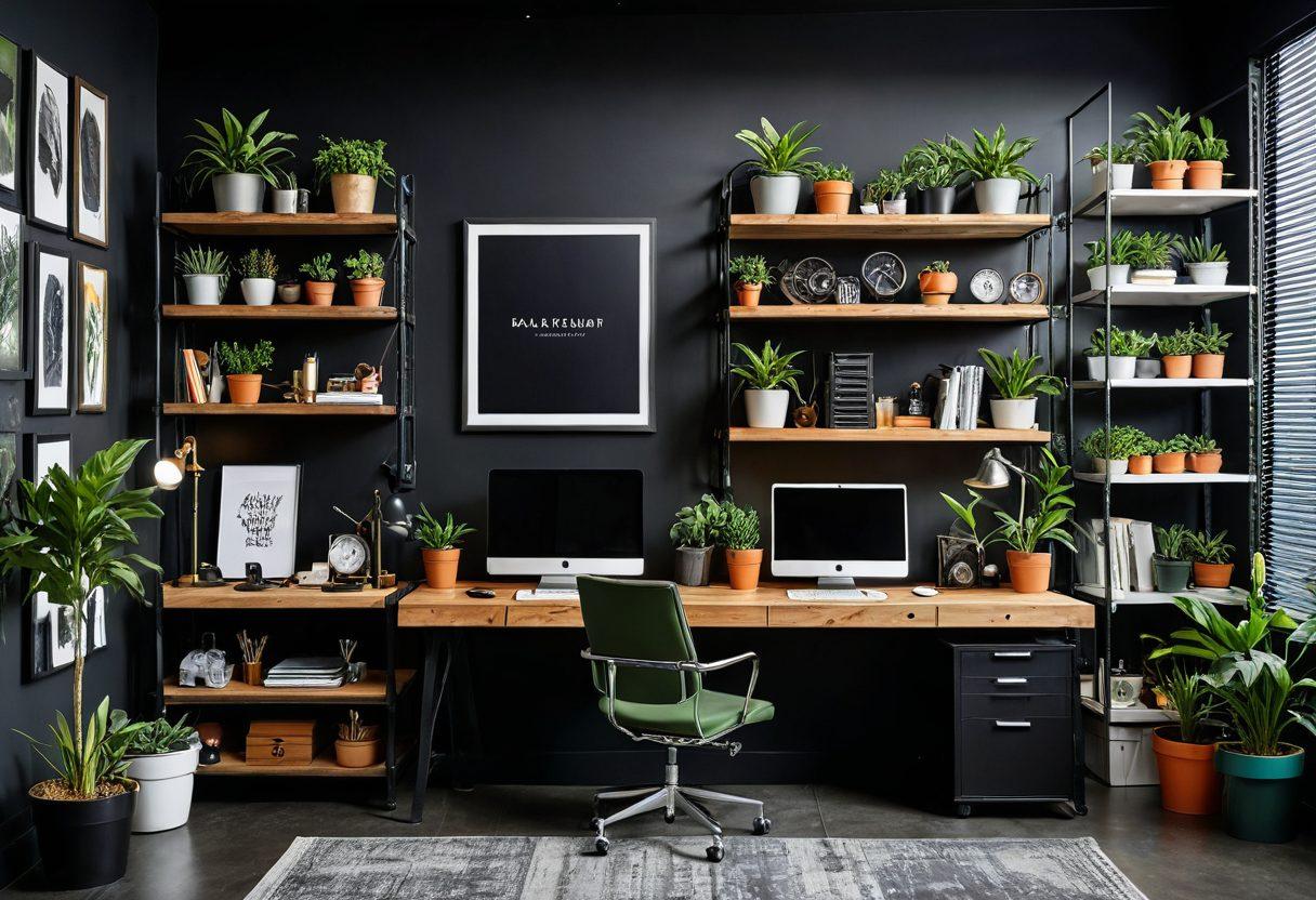 A modern industrial workspace filled with aesthetically pleasing decorative tools, featuring colorful, stylish equipment like sleek machines, artistic workspace layouts, and organized shelves. Incorporate elements of nature, like potted plants or green walls, blending functionality with beauty. Emphasize the fusion of creativity and productivity through vibrant lighting and contemporary design. Include a hint of metallic textures for an industrial feel. super-realistic. vibrant colors. black background.