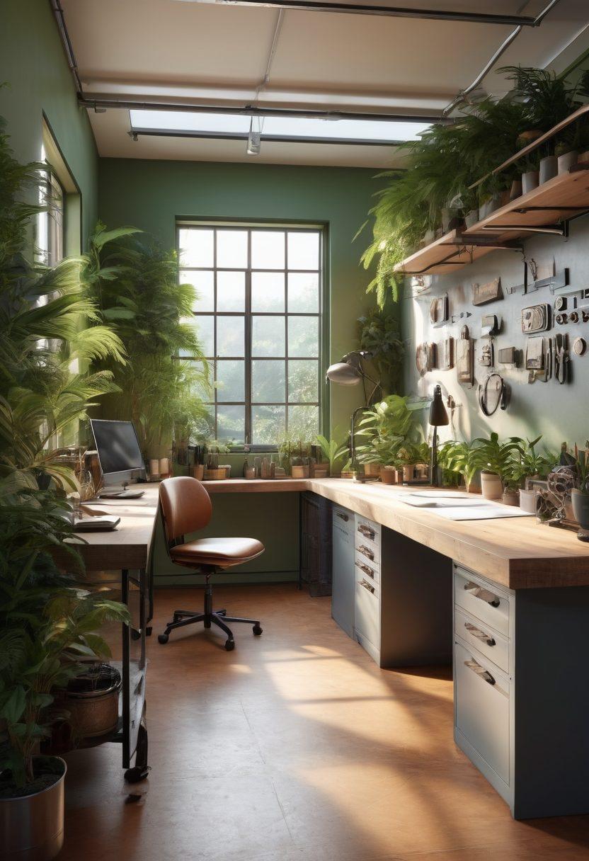 A beautifully arranged workspace showcasing high-quality machinery and tools, elegantly blending modern design with functionality. Include warm, ambient lighting that highlights the equipment's sleek finish, alongside inspiring elements like sketches and plants. Emphasize the contrast between the rawness of machinery and the finesse of craftsmanship. super-realistic. warm colors. 3D.